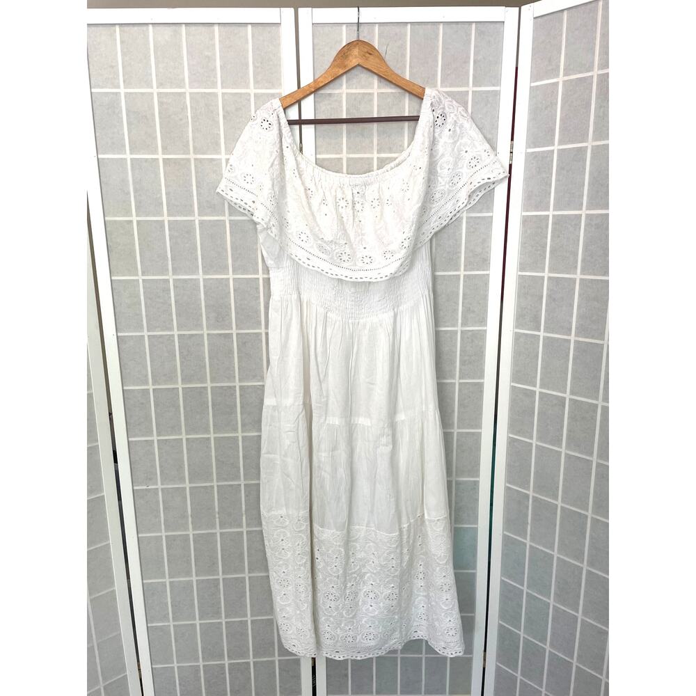 NAOO White Maxi Dress 1X Off-Shoulder Flutter Sleeves Cottagecore Boho Tiered